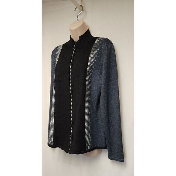 Fontana Black Ribbed Shimmer Jeweled Zip Up Sweater Size Medium - Picture 3 of 5